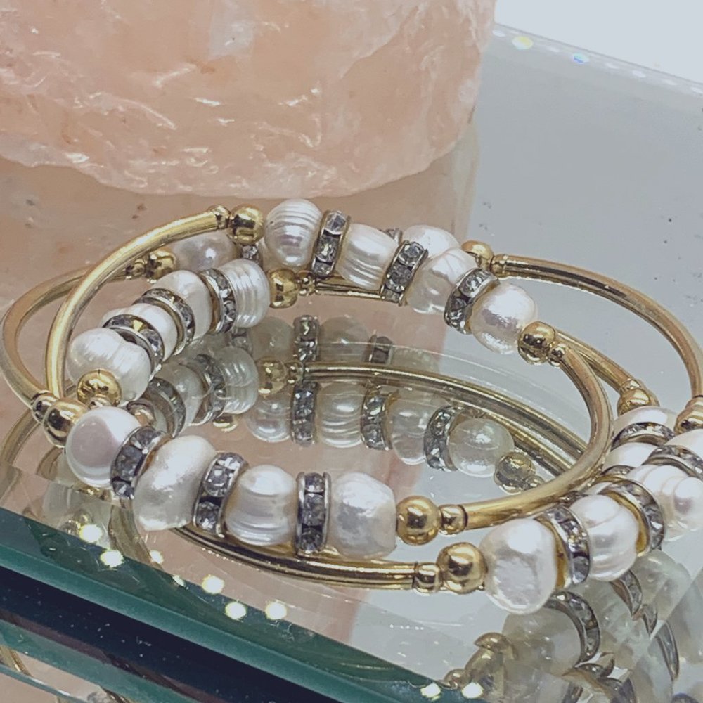 Gold and pearl coil bracelet
